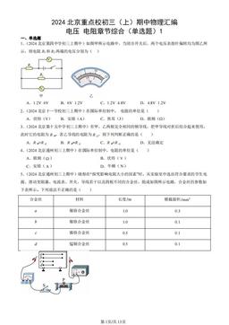 2024北京重点校初三（上）期中物理汇编：电压 电阻章节综合（单选题）1-答案