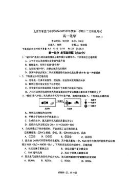 2024北京东直门中学高一12月月考化学（教师版）-答案