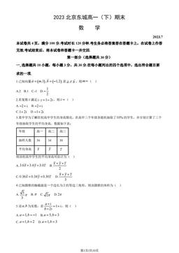 2023北京东城高一（下）期末数学（教师版）-答案