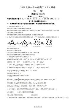 2024北京一六六中高二（上）期中化学-试题